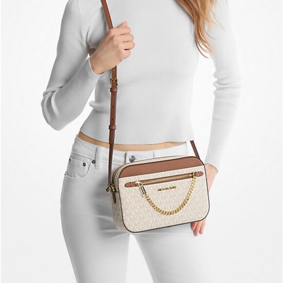 Michael Kors Handbags - MICHAEL Kors Brown  /White 
Jet Set Large Logo Crossbody Bag with chain. N…
